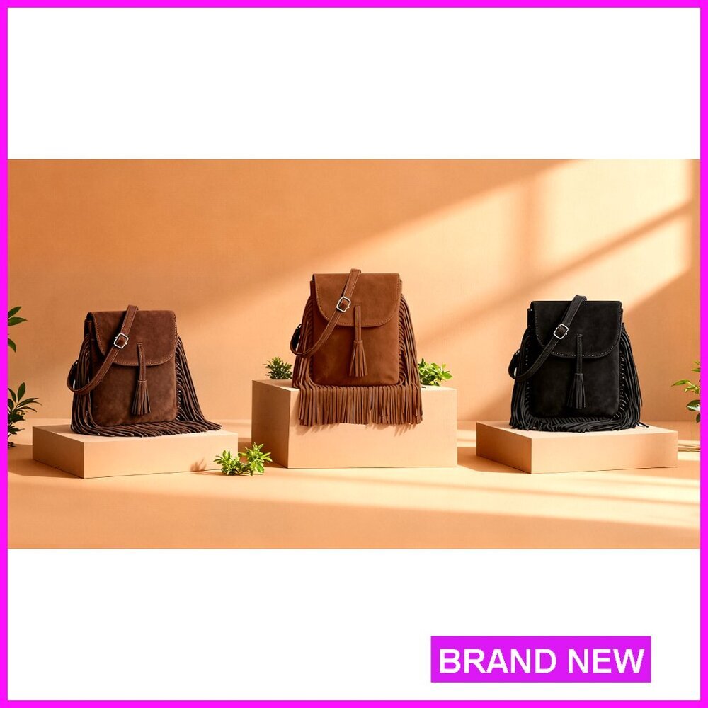 Trendy Vegan Suede Crossbody Bag with Fringe Tassels and Card Slots - Picture 7 of 7
